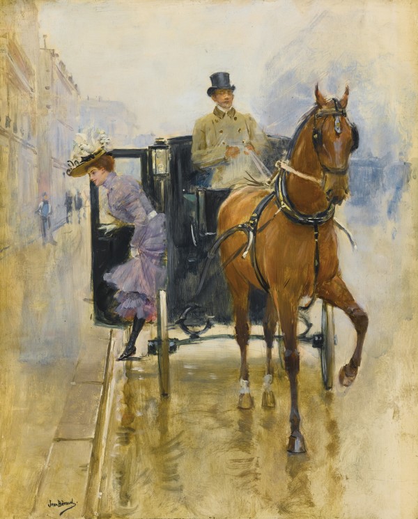 Young woman getting down from a carriage by Jean Beraud